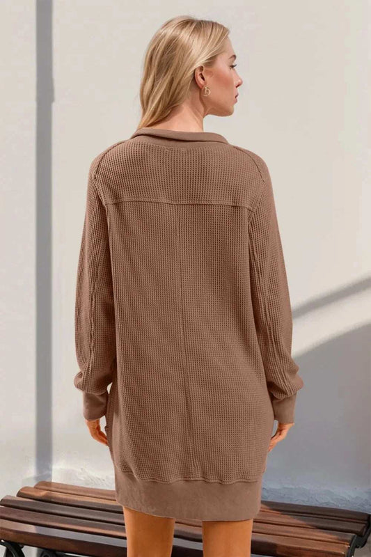 Double Take Waffle Long Sleeve Mini Dress with Pockets - Trendsi - Flyclothing LLC
