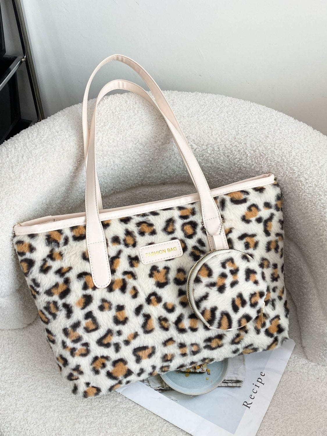 Leopard Faux Fur Tote Bag with Coin Purse - Trendsi