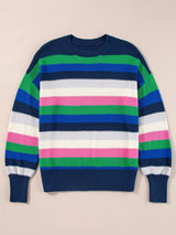 Rainbow Striped Crew Neck Drop Shoulder Sweater - Trendsi - Flyclothing LLC
