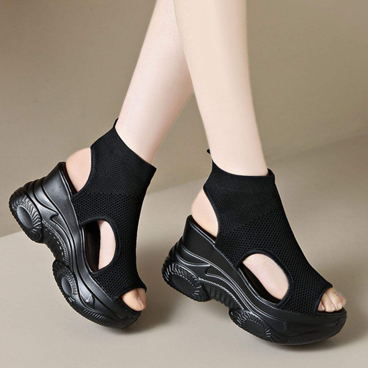 Cutout Mesh Wedge Sandals - Trendsi - Flyclothing LLC