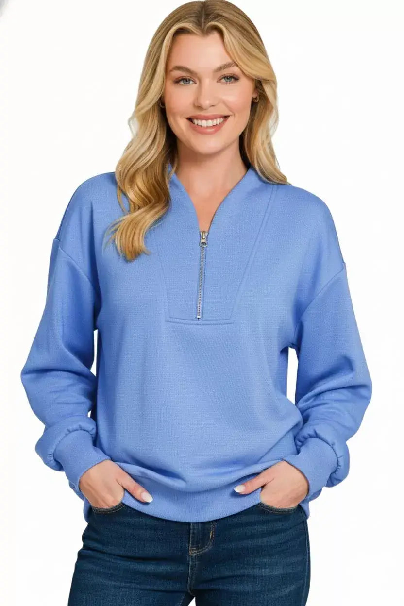 Zenana Scuba Half Zip Drop Shoulder Sweatshirt - Trendsi - Flyclothing LLC