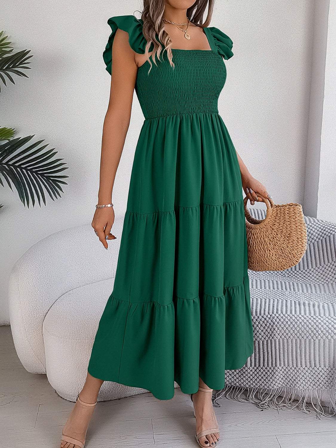 Smocked Square Neck Cap Sleeve Midi Dress - Trendsi - Flyclothing LLC