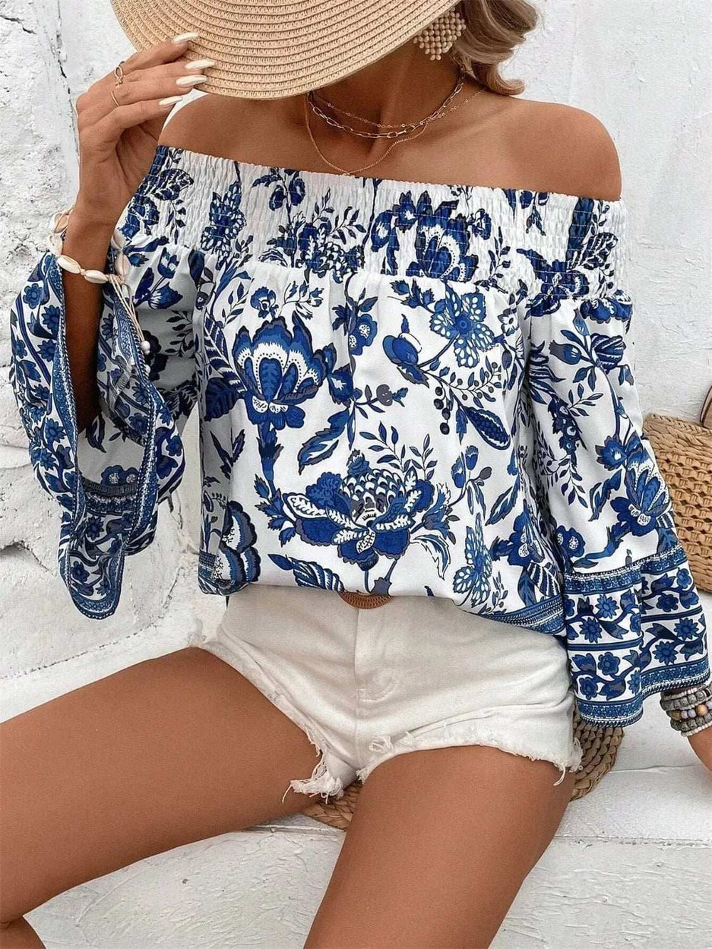 Smocked Printed Off-Shoulder Blouse - Trendsi - Flyclothing LLC
