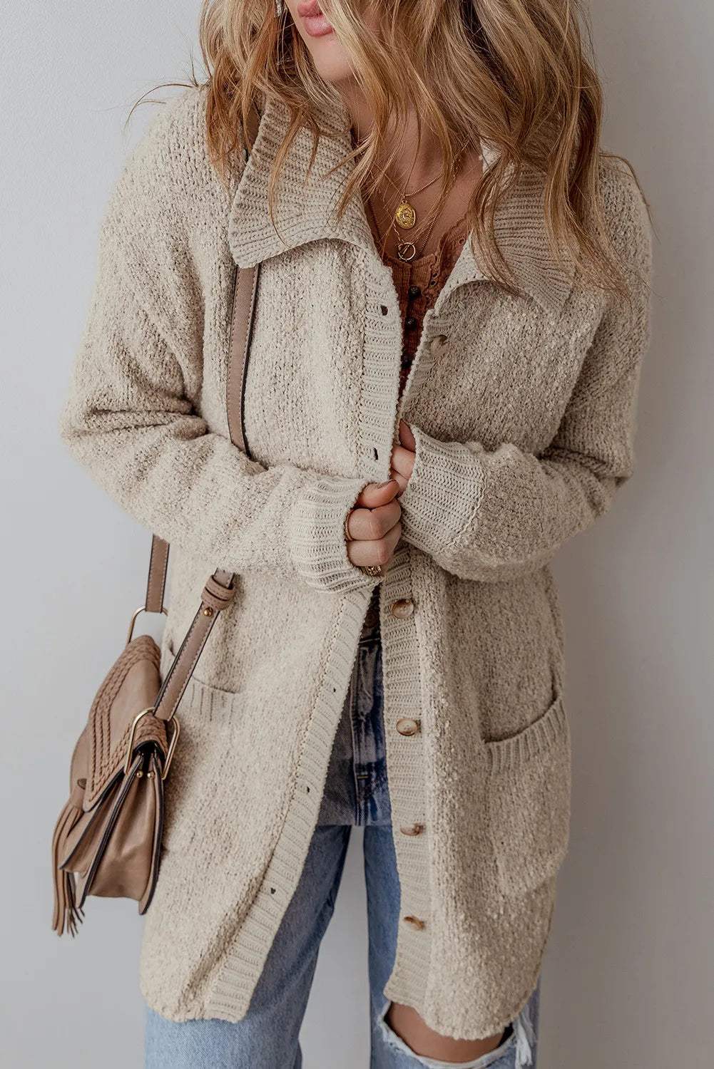 Pocketed Button Up Long Sleeve Cardigan - Trendsi - Flyclothing LLC