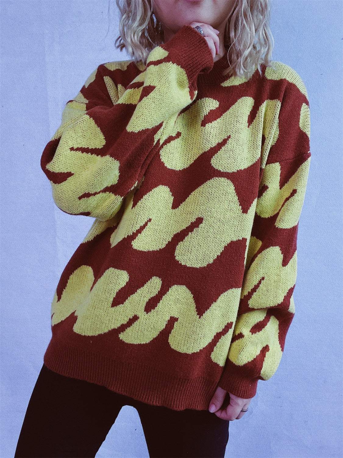 Contrast Round Neck Long Sleeve Sweater - Trendsi - Flyclothing LLC