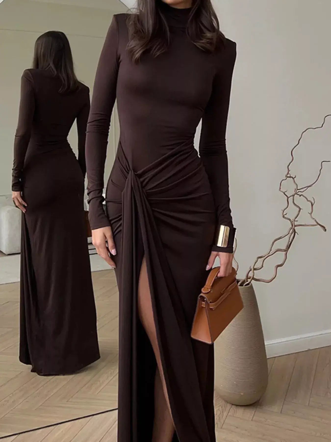 Turtleneck Long Sleeve Slit Maxi Dress - Trendsi - Flyclothing LLC