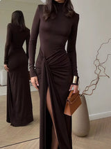 Turtleneck Long Sleeve Slit Maxi Dress - Trendsi - Flyclothing LLC