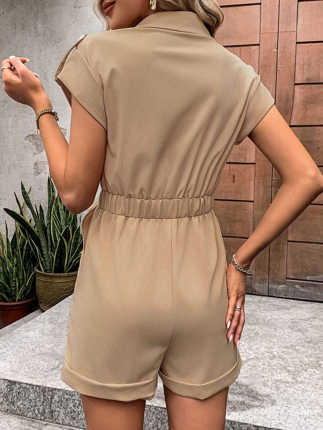 Collared Neck Tie Waist Romper with Pockets - Trendsi - Flyclothing LLC