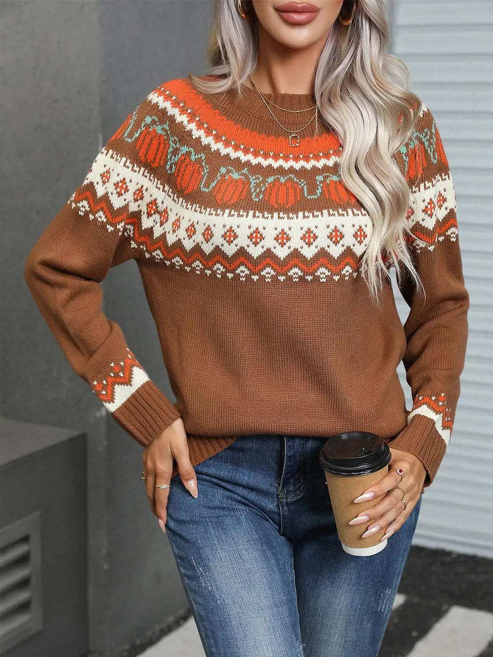 Angel Wings Geometric Round Neck Long Sleeve Sweater - Trendsi - Flyclothing LLC