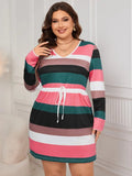 Plus Size Striped V-Neck Long Sleeve Mini Dress - Trendsi