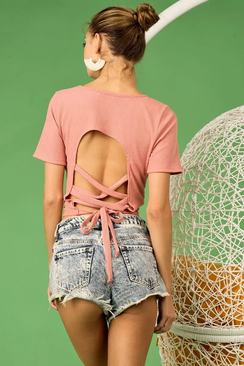 BiBi Rib Knit with Back Cross and Tied Detailed Top - Trendsi - Flyclothing LLC