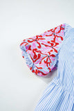 Embroidered Striped Notched Short Sleeve Dress - Trendsi - Flyclothing LLC