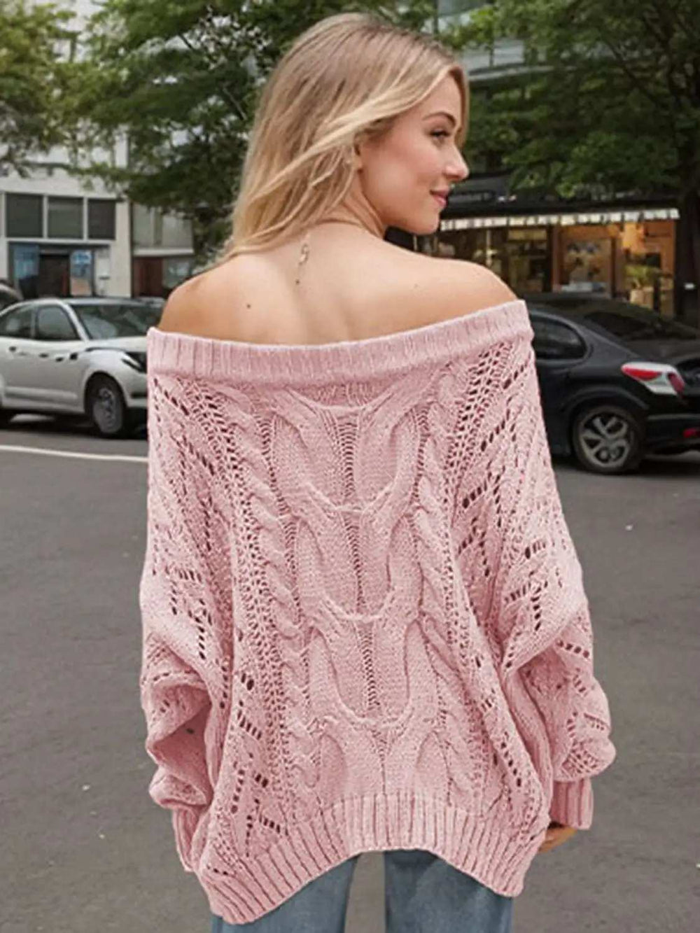 Cable Knit Openwork Off-Shoulder Sweater - Trendsi - Flyclothing LLC