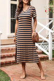 Casual Striped V-Neck Midi T-Shirt Dress - Trendsi - Flyclothing LLC