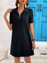 Zip Collar Short Sleeve Casual Mini Dress - Trendsi - Flyclothing LLC