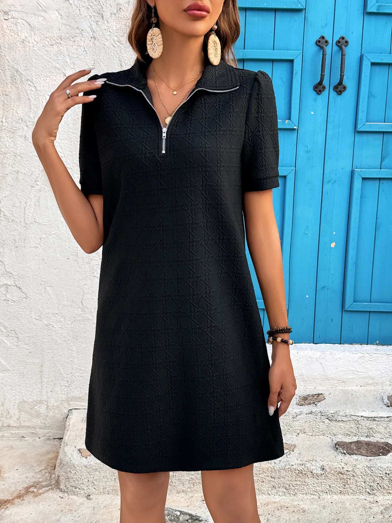 Zip Collar Short Sleeve Casual Mini Dress - Trendsi - Flyclothing LLC