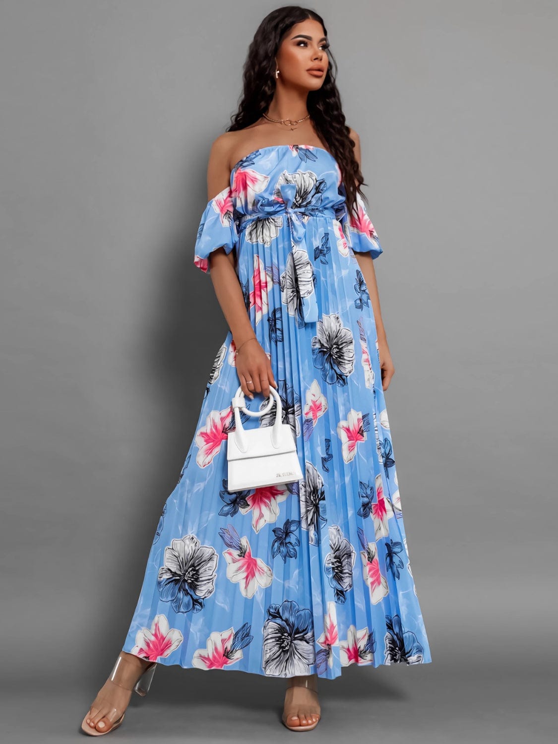 Pleated Floral Off-Shoulder Short Sleeve Midi Dress - Trendsi
