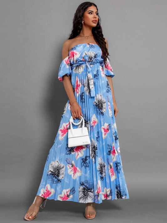 Pleated Floral Off-Shoulder Short Sleeve Midi Dress - Trendsi