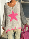 Star V-Neck Long Sleeve Oversize Sweater - Trendsi - Flyclothing LLC