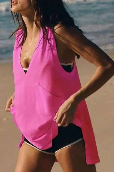 Side Slit V-Neck Tank - Trendsi - Flyclothing LLC