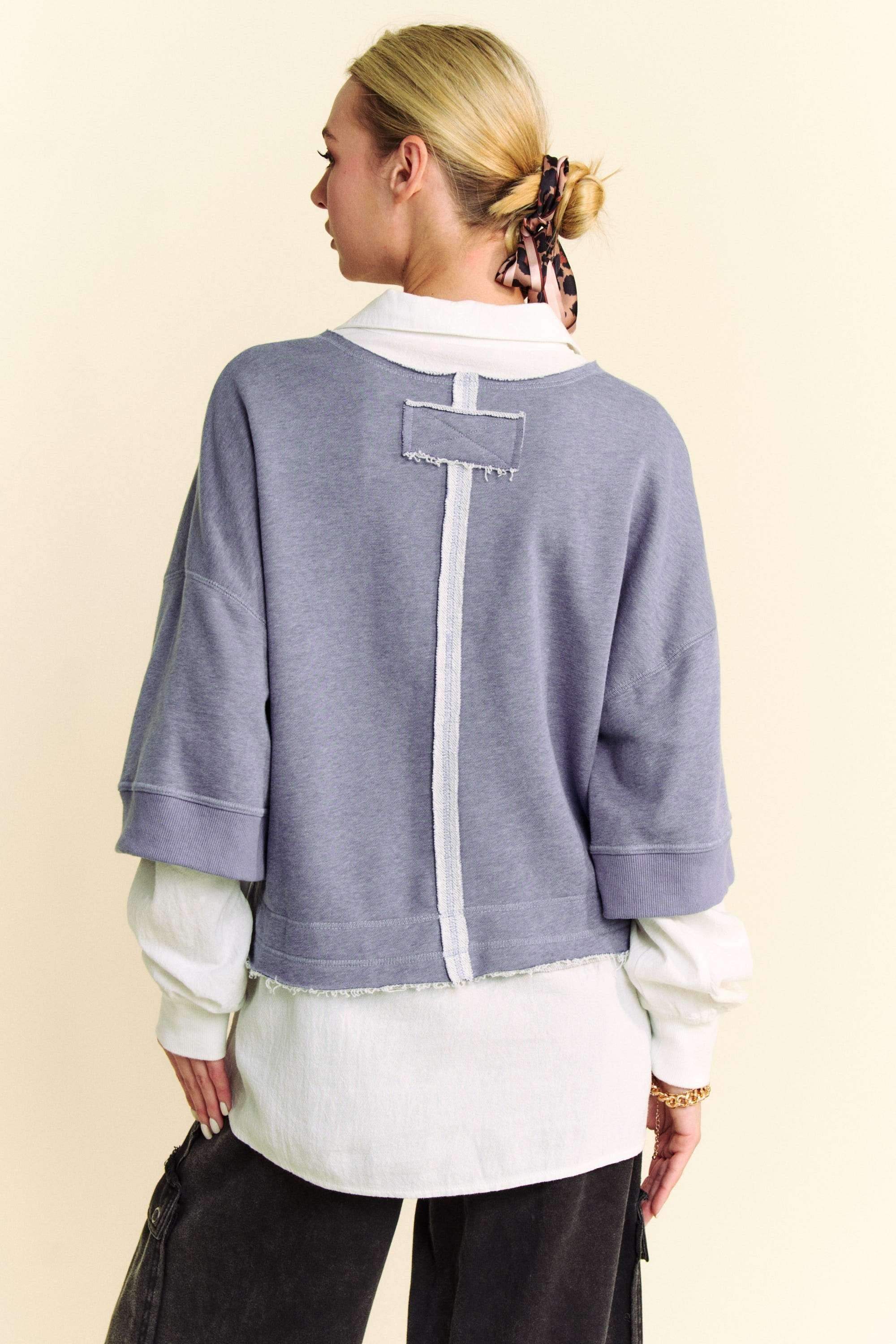 Davi & Dani Faux Layered French Terry Contrast Top - Trendsi - Flyclothing LLC