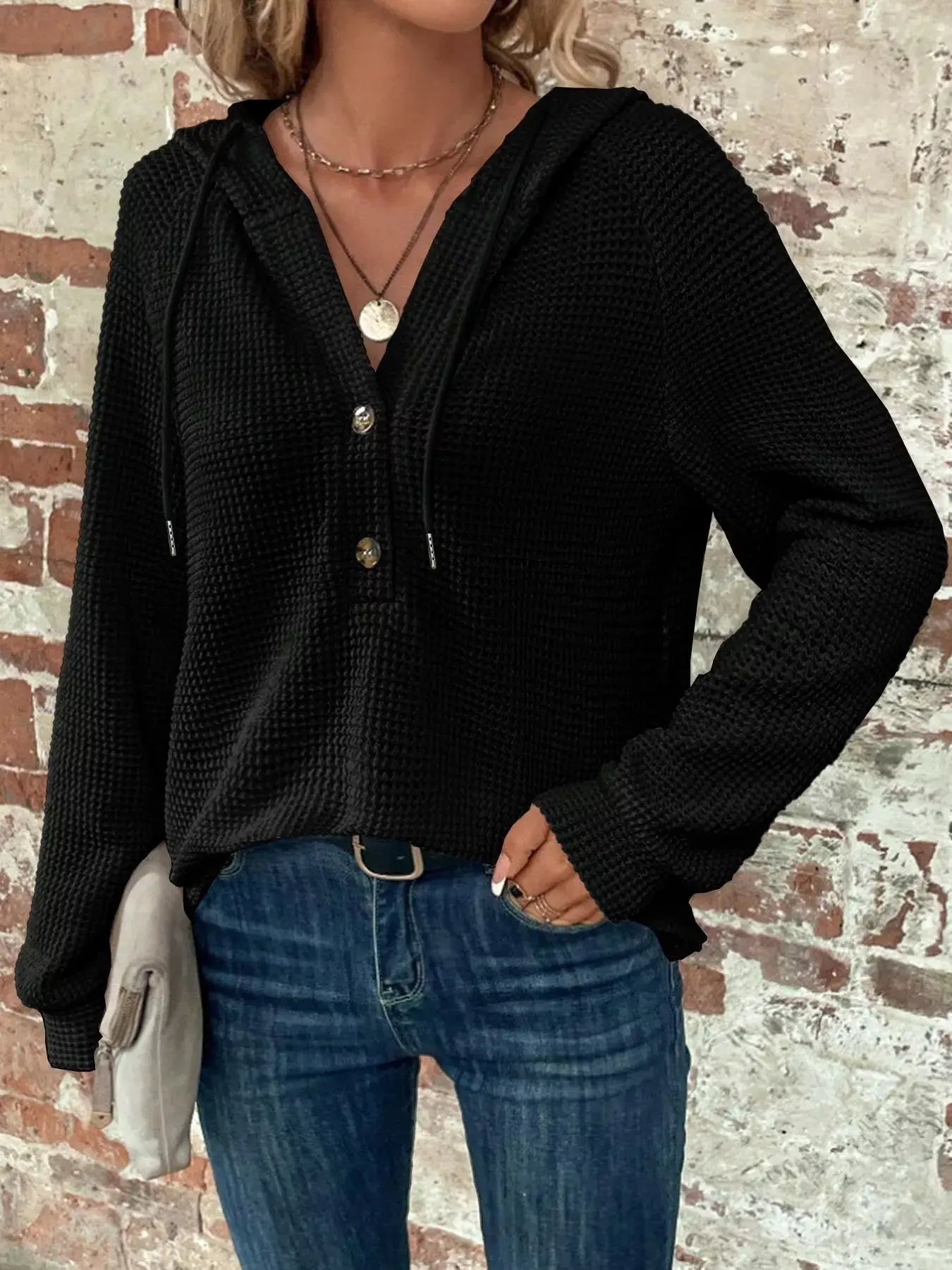 Waffle Knit Button Detail Hoodie - Trendsi - Flyclothing LLC