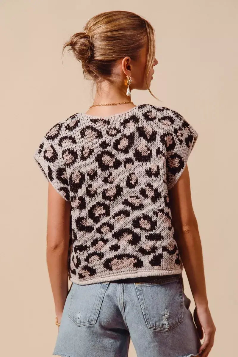 SO ME Big Metal Button Front Leopard Sweater Vest Top - Trendsi - Flyclothing LLC