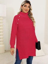 Slit Turtleneck Long Sleeve Sweater - Trendsi - Flyclothing LLC