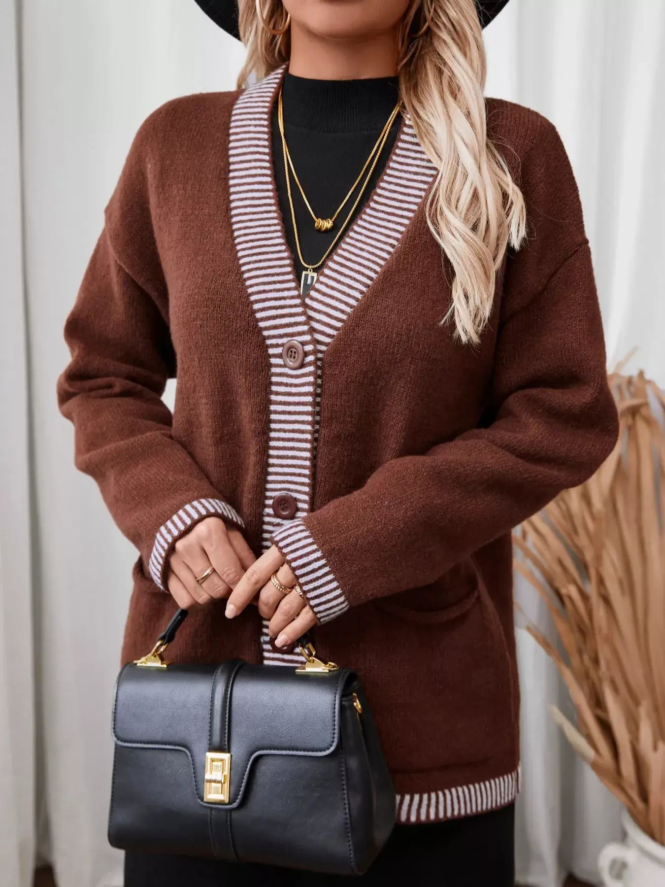 Striped Trim Button Front Pocket Knit Cardigan - Trendsi - Flyclothing LLC