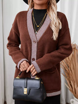 Striped Trim Button Front Pocket Knit Cardigan - Trendsi - Flyclothing LLC