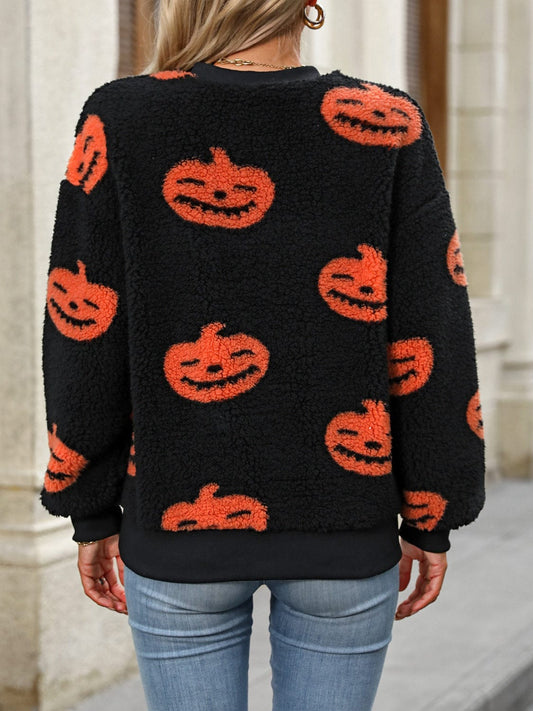 Fuzzy Pumpkin Round Neck Dropped Shoulder Sweater - Trendsi