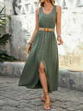Perfee Decorative Button Slit Sleeveless Midi Dress - Trendsi