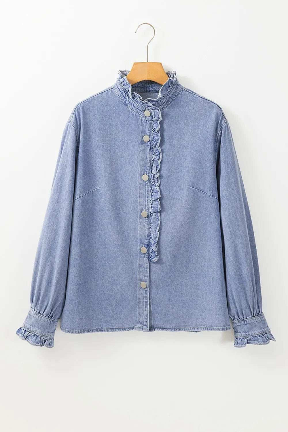 Frill Button Up Long Sleeve Denim Top - Trendsi - Flyclothing LLC
