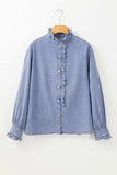 Frill Button Up Long Sleeve Denim Top - Trendsi - Flyclothing LLC