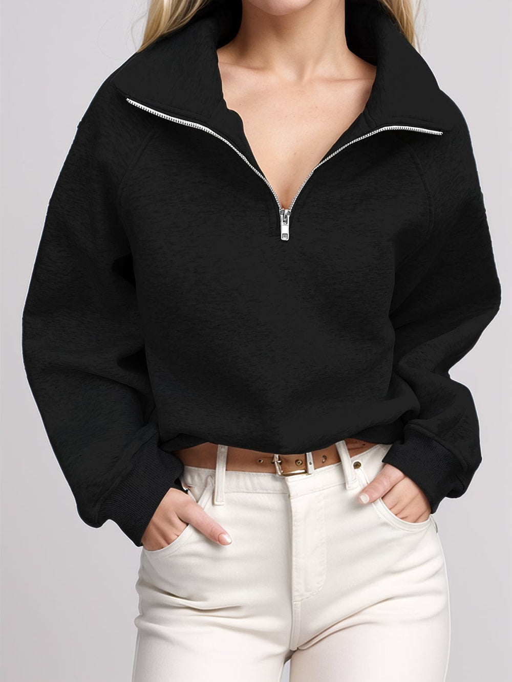 Half Zip Long Sleeve Sweatshirt - Trendsi