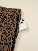 Striped Trim Leopard Long Sleeve Top Drawstring Pant Set - Trendsi - Flyclothing LLC