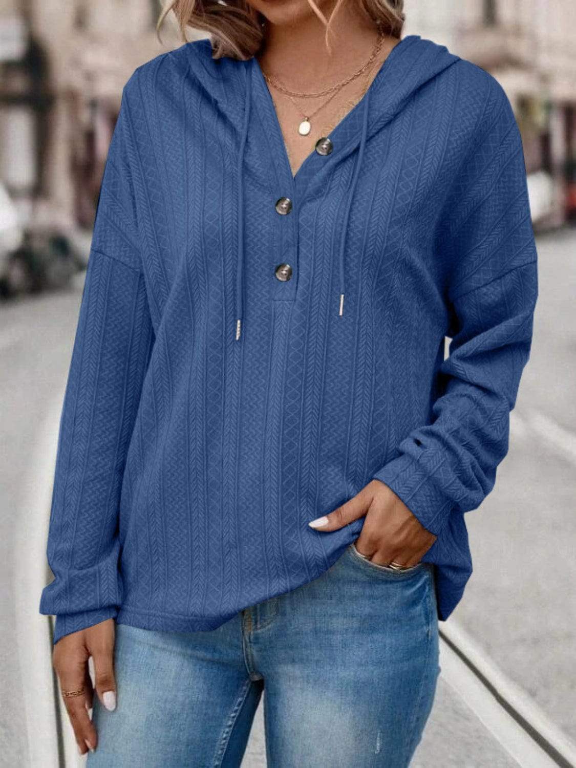 Drawstring Dropped Shoulder Long Sleeve Hoodie - Trendsi - Flyclothing LLC