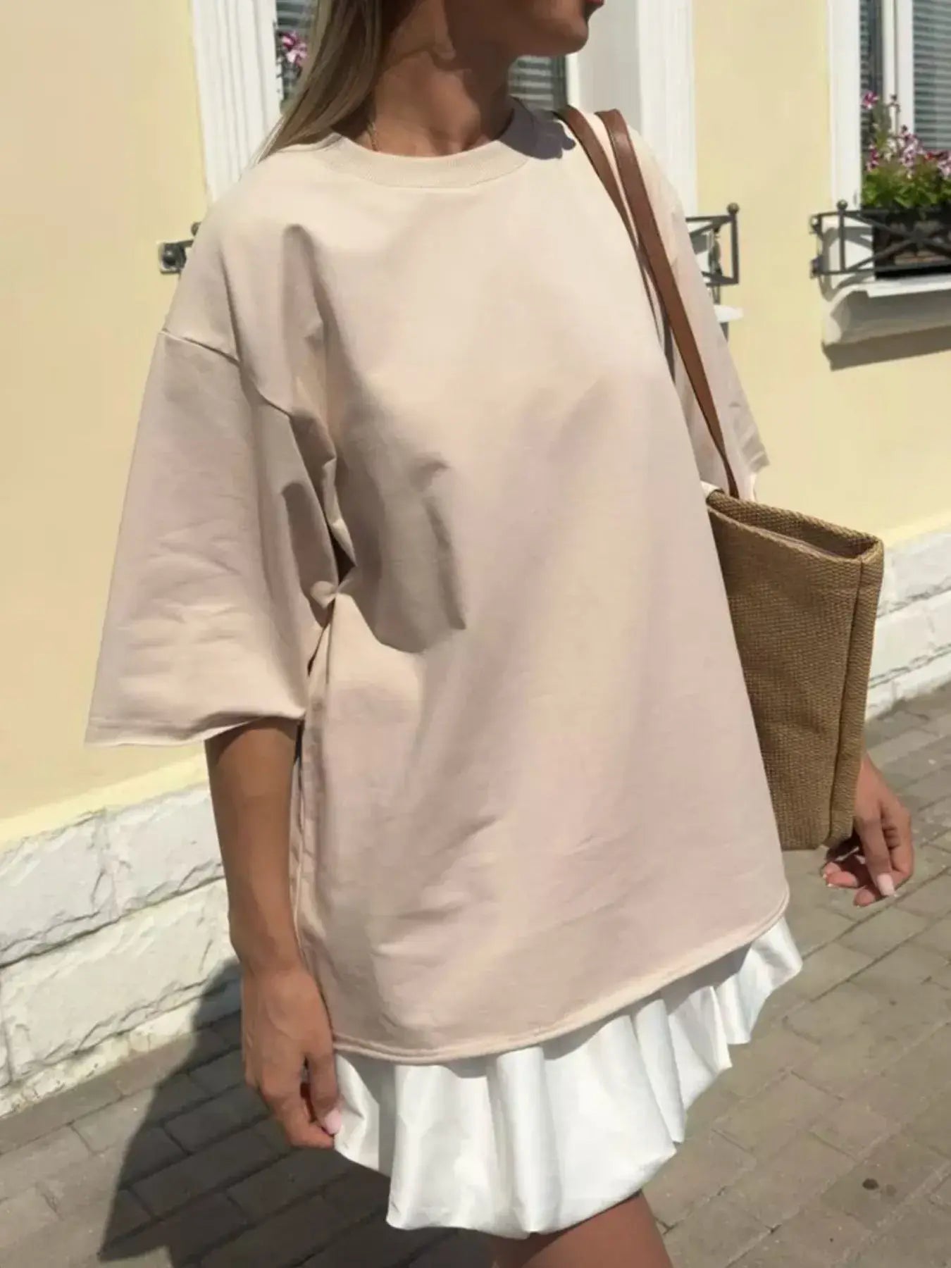 Round Neck Half Sleeve Oversized T-Shirt - Trendsi - Flyclothing LLC