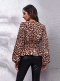 Ruched Printed V-Neck Long Sleeve Blouse - Trendsi - Flyclothing LLC