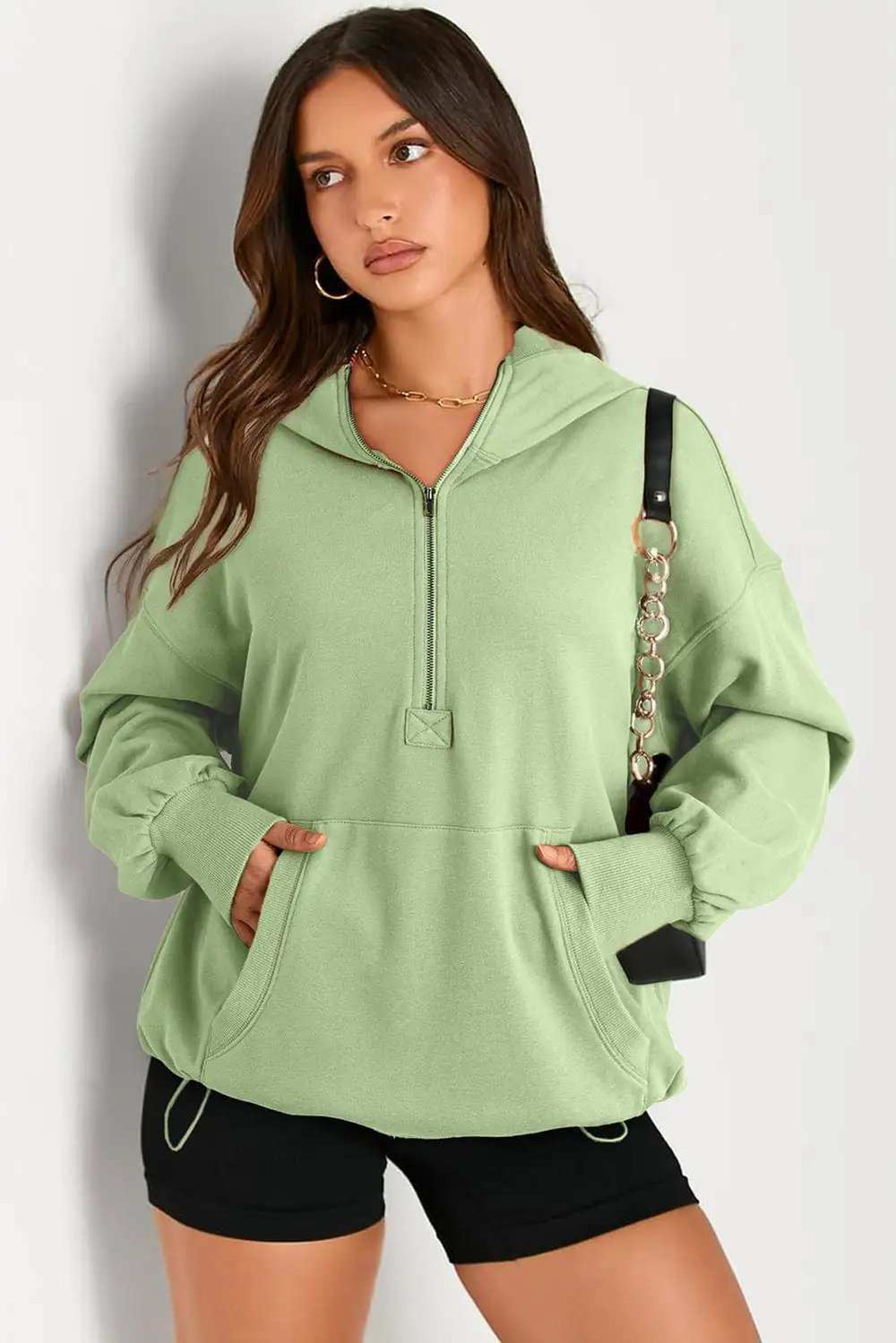 Pocketed Half Zip Long Sleeve Hoodie - Trendsi - Flyclothing LLC