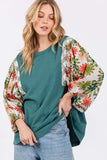 SAGE + FIG Full Size Printed Balloon Sleeve Contrast Top - Trendsi - Flyclothing LLC