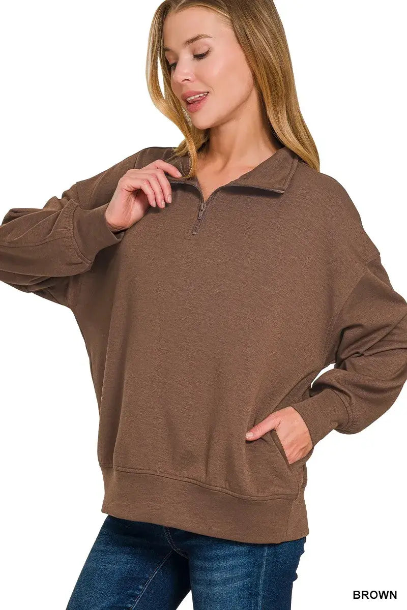 Zenana Scuba Quarter-Zip Sweatshirt - Trendsi - Flyclothing LLC