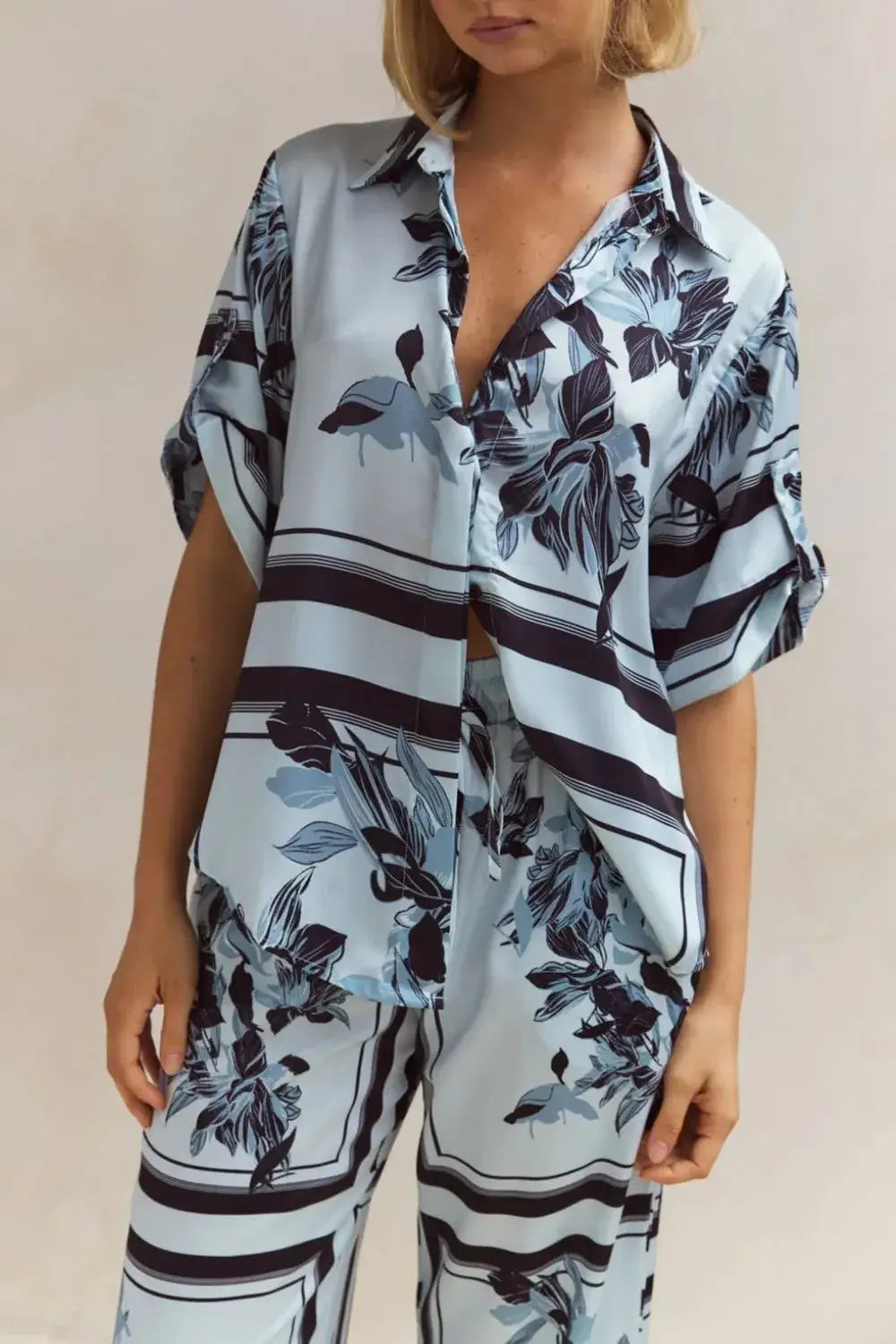 Printed Button Up Shirt and Pants Set - Trendsi - Flyclothing LLC