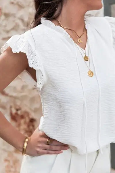 Ruffled Tie Neck Cap Sleeve Blouse - Trendsi - Flyclothing LLC