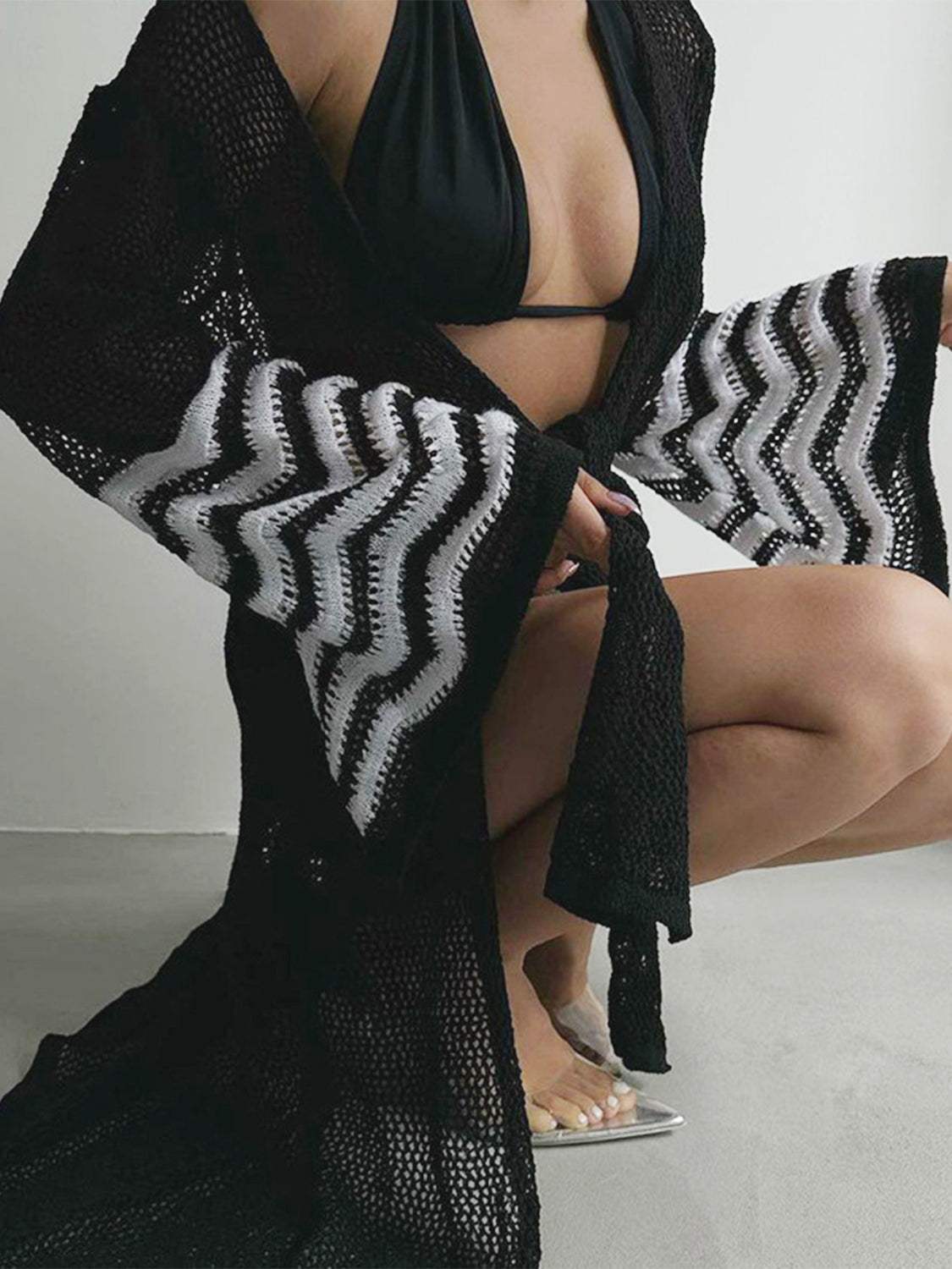 Openwork Striped Flare Sleeve Cover-Up - Trendsi - Flyclothing LLC