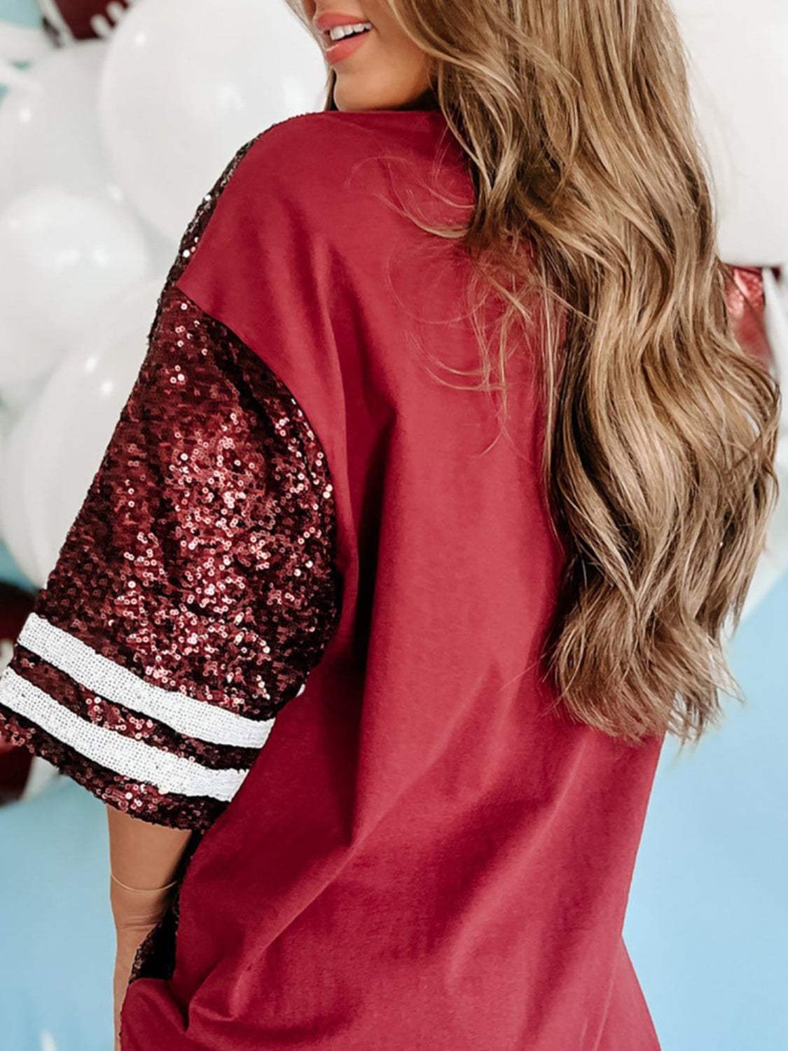 Sequin Football Round Neck Half Sleeve Oversize Top - Trendsi - Flyclothing LLC