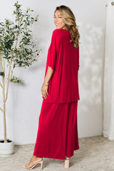 Double Take Full Size Round Neck Slit Top and Pants Set - Trendsi - Flyclothing LLC