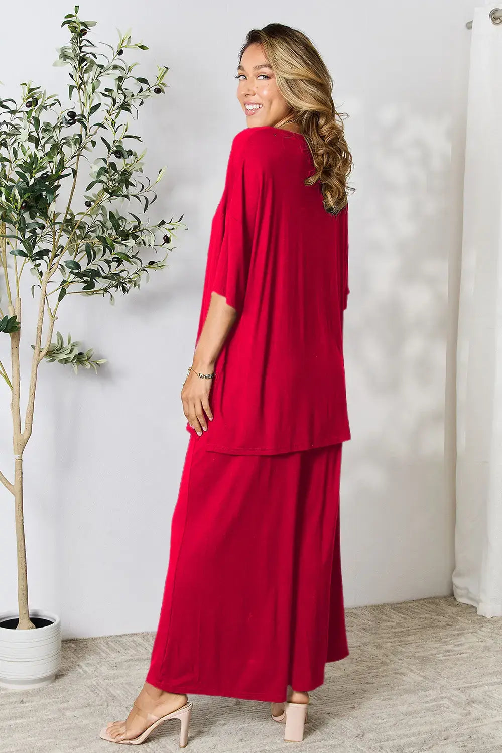 Double Take Full Size Round Neck Slit Top and Pants Set - Trendsi - Flyclothing LLC