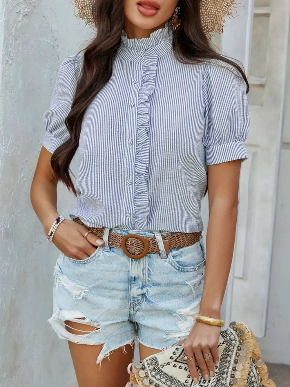 Devine Button Down Striped Short Sleeve Shirt - Trendsi - Flyclothing LLC