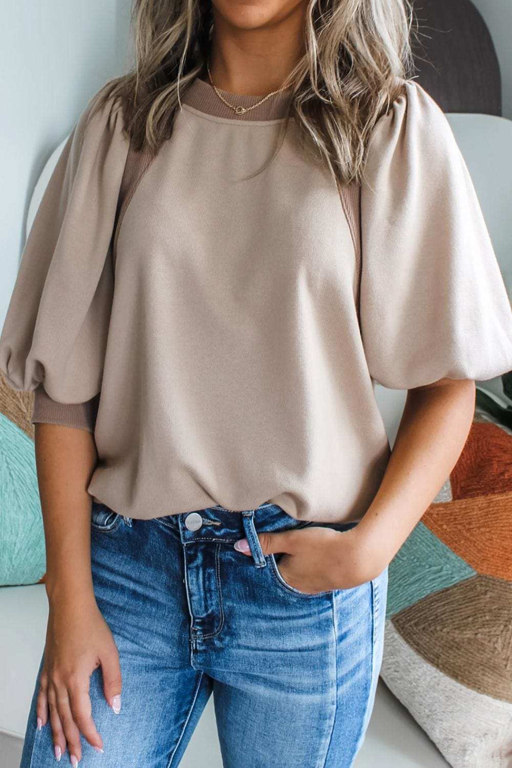 Round Neck Puff Half Sleeve Blouse - Trendsi - Flyclothing LLC